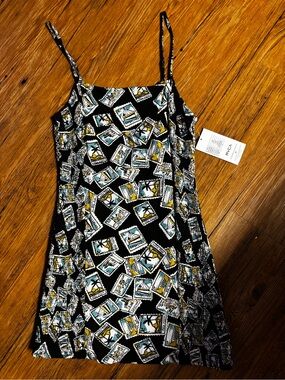 RVCA Black Mini Dress with Yellow & Teal Postcard Print